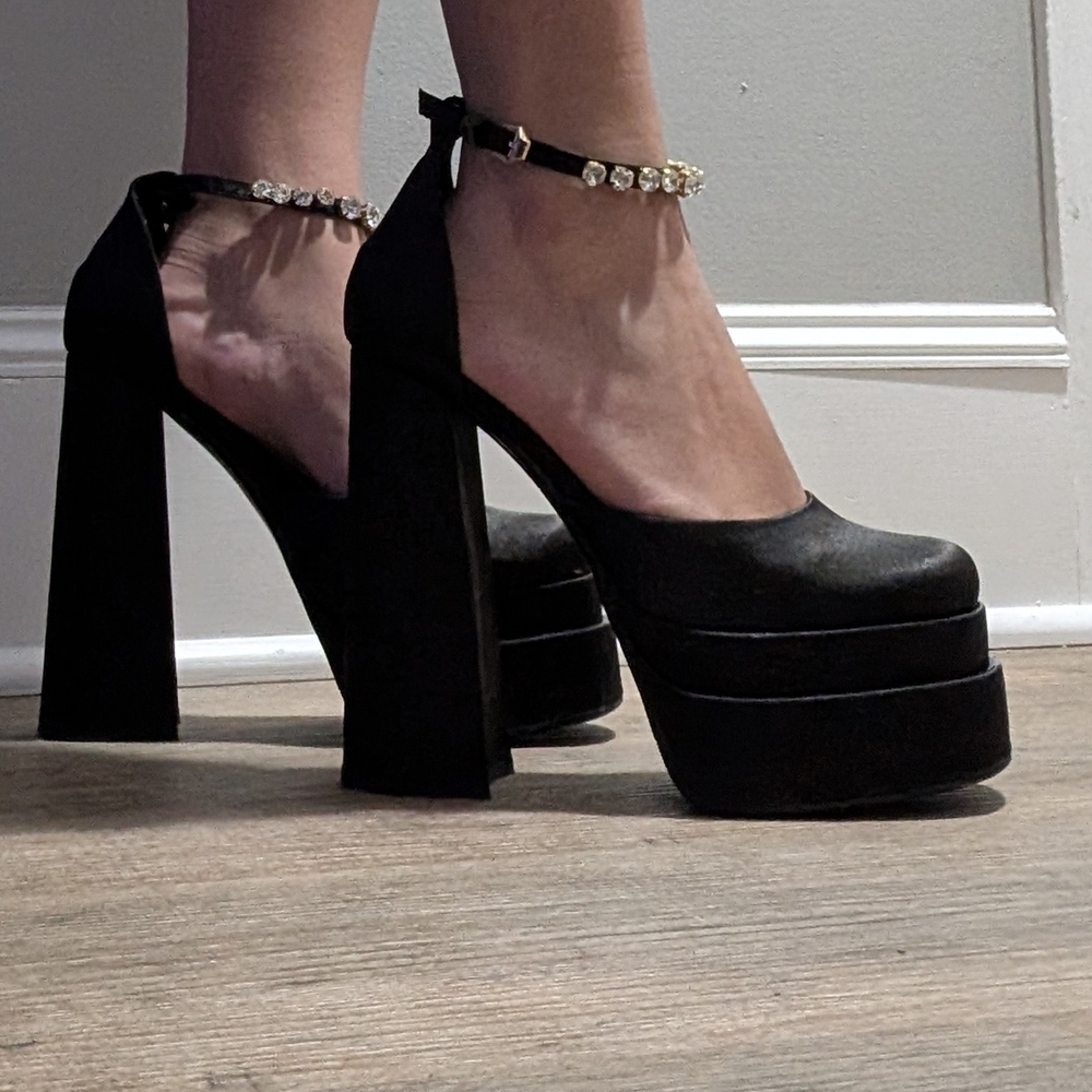 Elegant Black Platform Heels with Rhinestone Ankle Strap